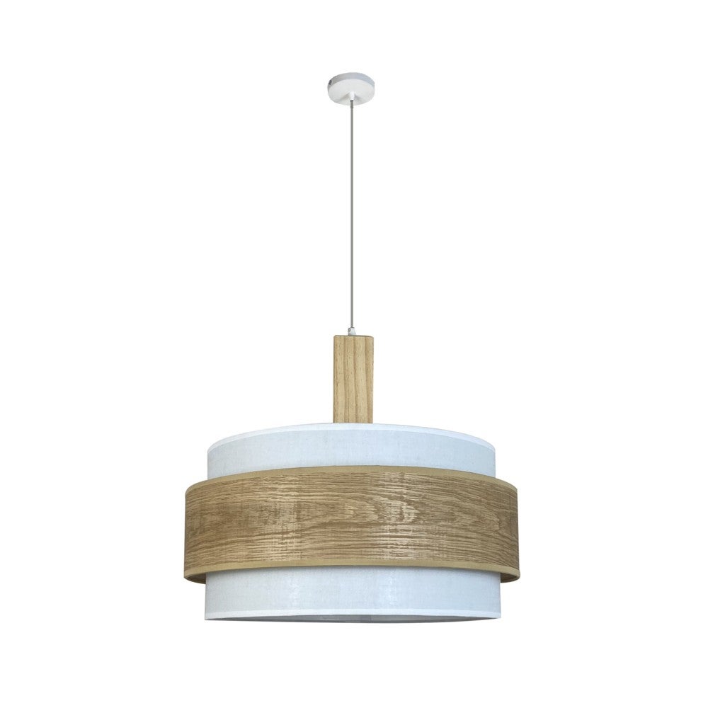 Lampa wisząca Vontrier z potrójnym białym abażurem i drewnianą opaską ø40 cm