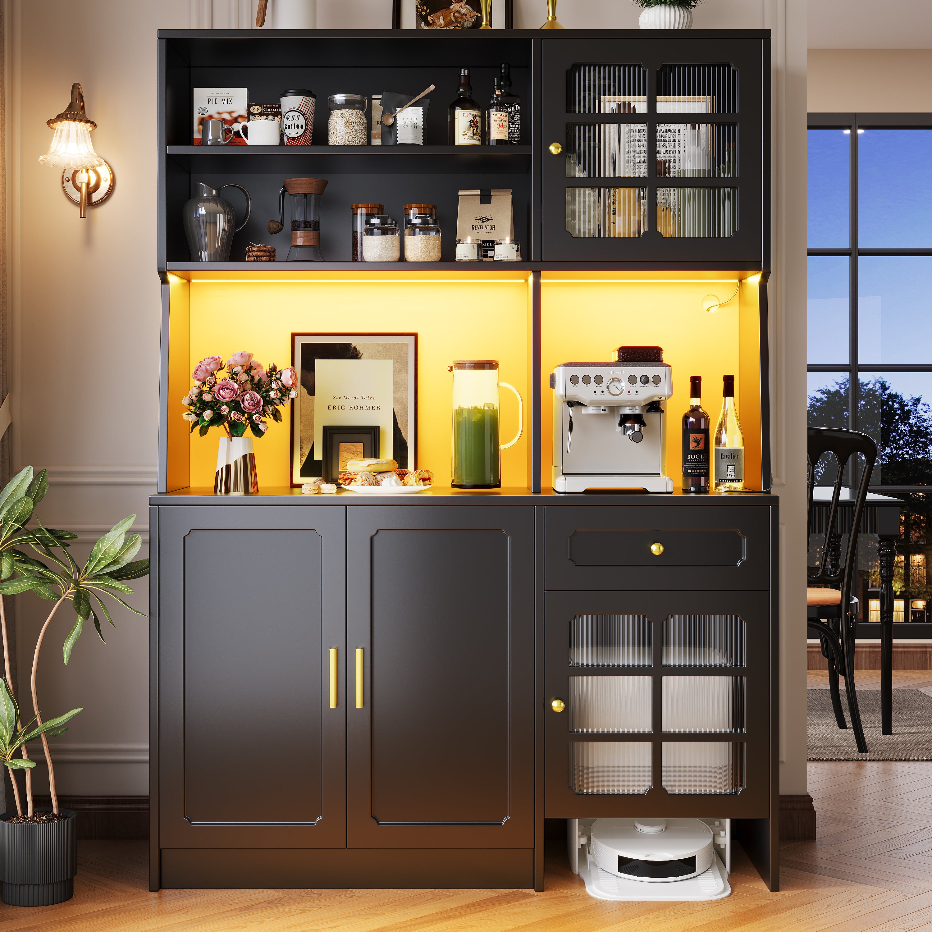 Kredens kuchenny z 4 drzwiami i 1 szufladą, witryna - 130 x 45 x 180 cm - diody LED - płyta MDF i szkło - kolor czarny