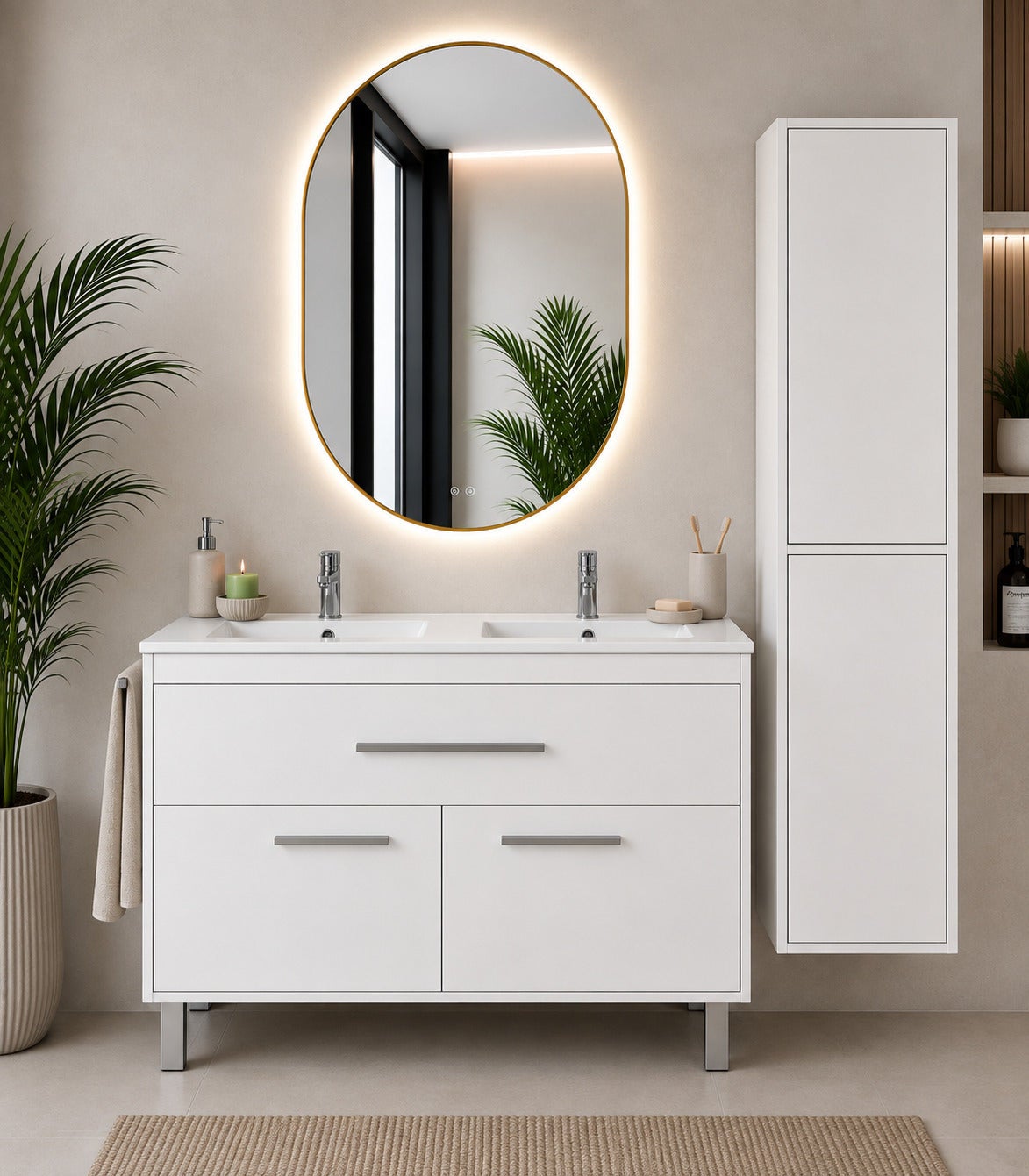 Szafka łazienkowa z umywalką ORIGENBATH BAHIA bez lustra 120x45 cm podwójna umywalka biały z kolumną