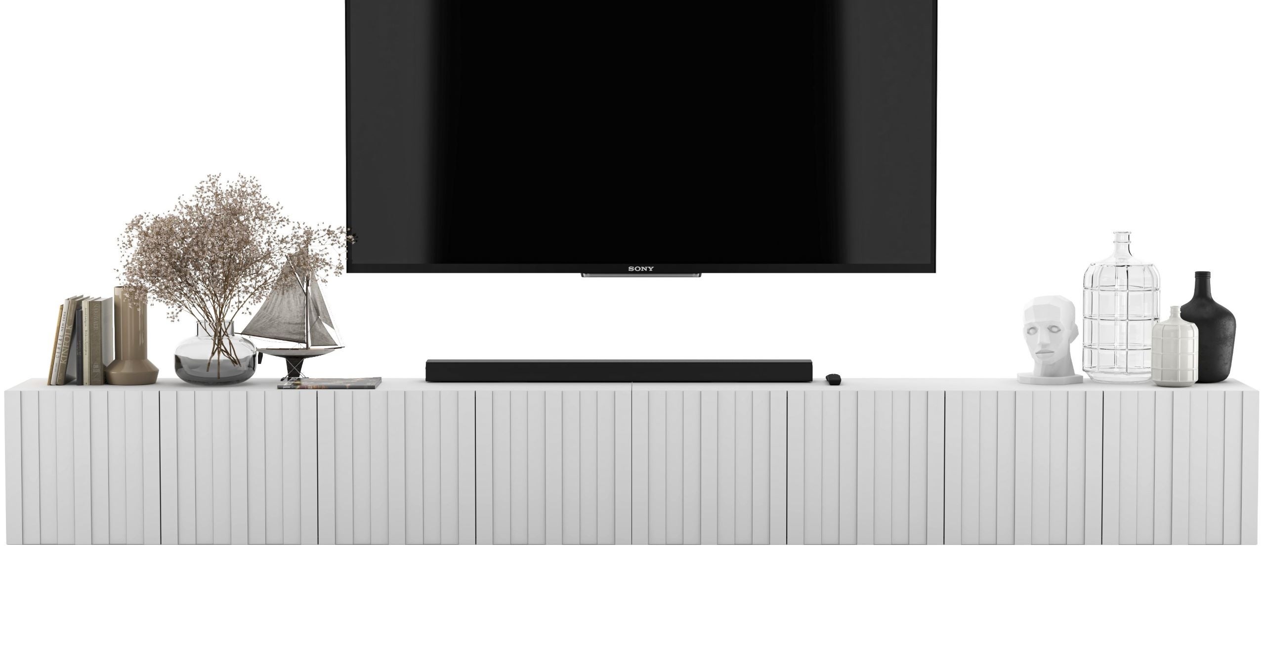 Wisząca szafka RTV Glamour 300 cm biały mat, komoda pod telewizor z ryflowanymi frontami