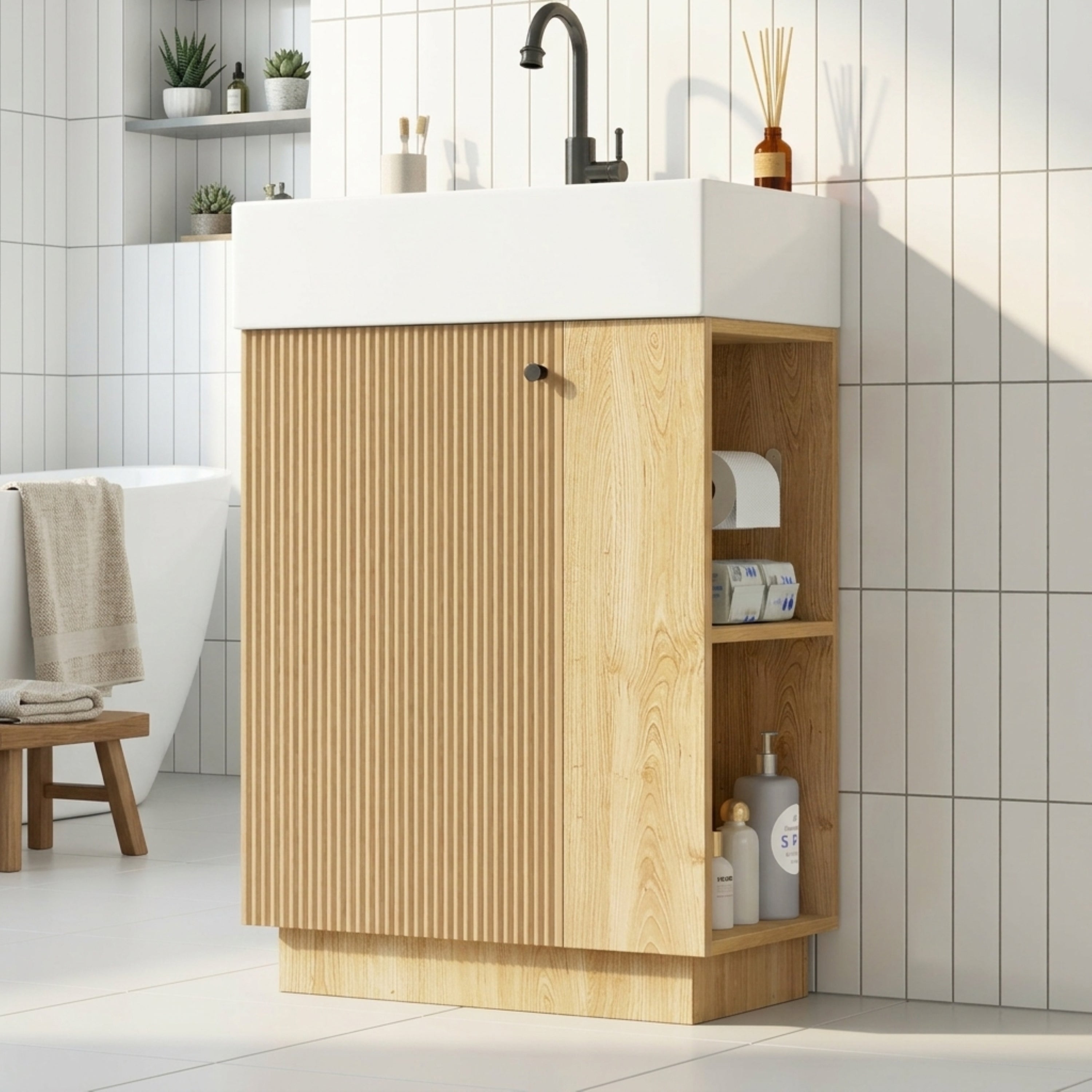 Szafka łazienkowa 55 cm na nóżkach z ceramiczną umywalką, szafka pod umywalkę z falistymi ryflowanymi drzwiczkami - Naturalna (bez kranu)