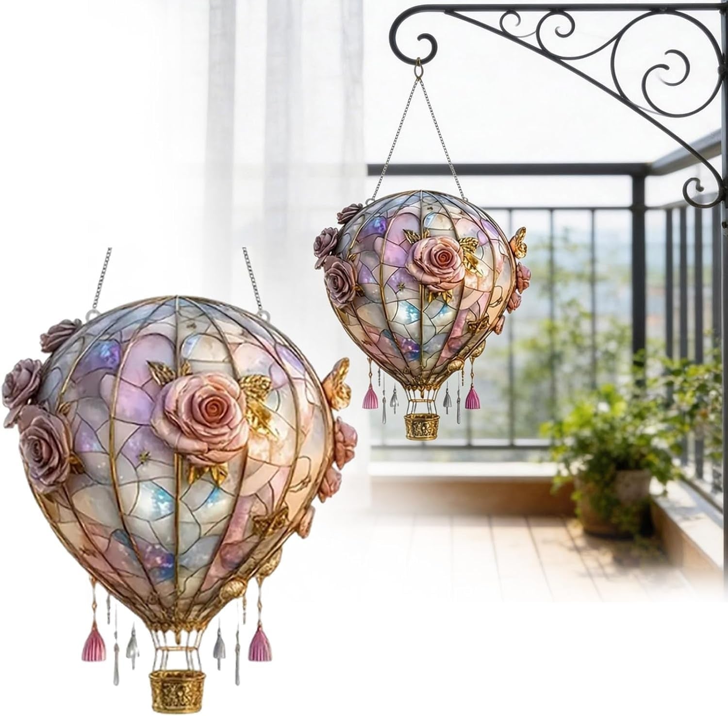 Lampion balon na ogrzane powietrze – łapacz snów 2D z akrylu, solarny, odporny na warunki. 20 cm do ogrodu, patio, werandy, farmy, okien.