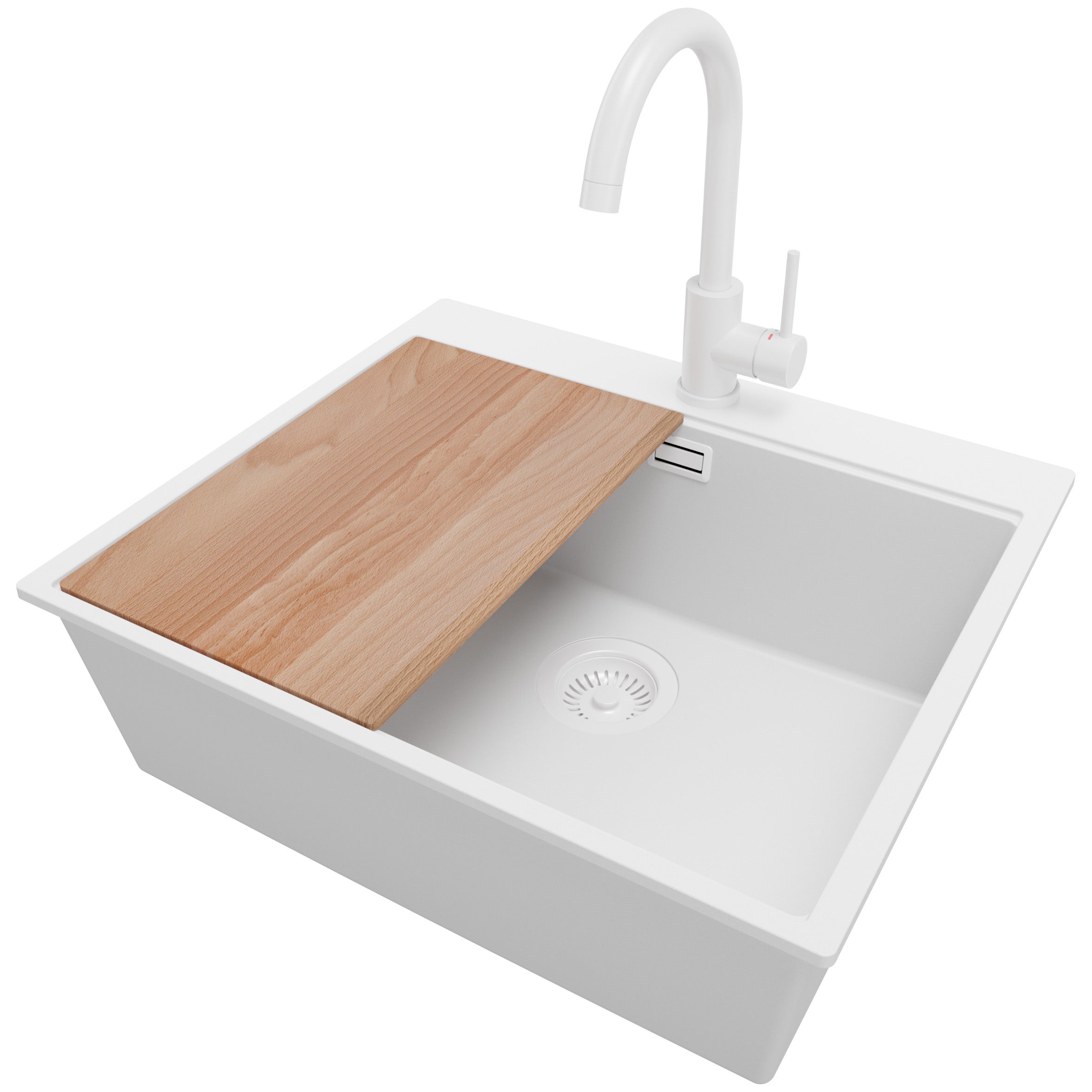 Zlewozmywak Granitowy Cały Biały 58x50cm, Zlew Kuchenny 1 Komorowy + Bateria 32x20cm + Syfon + Deska, Nablatowy do szafki od 60cm - Oslo PRIMAGRAN