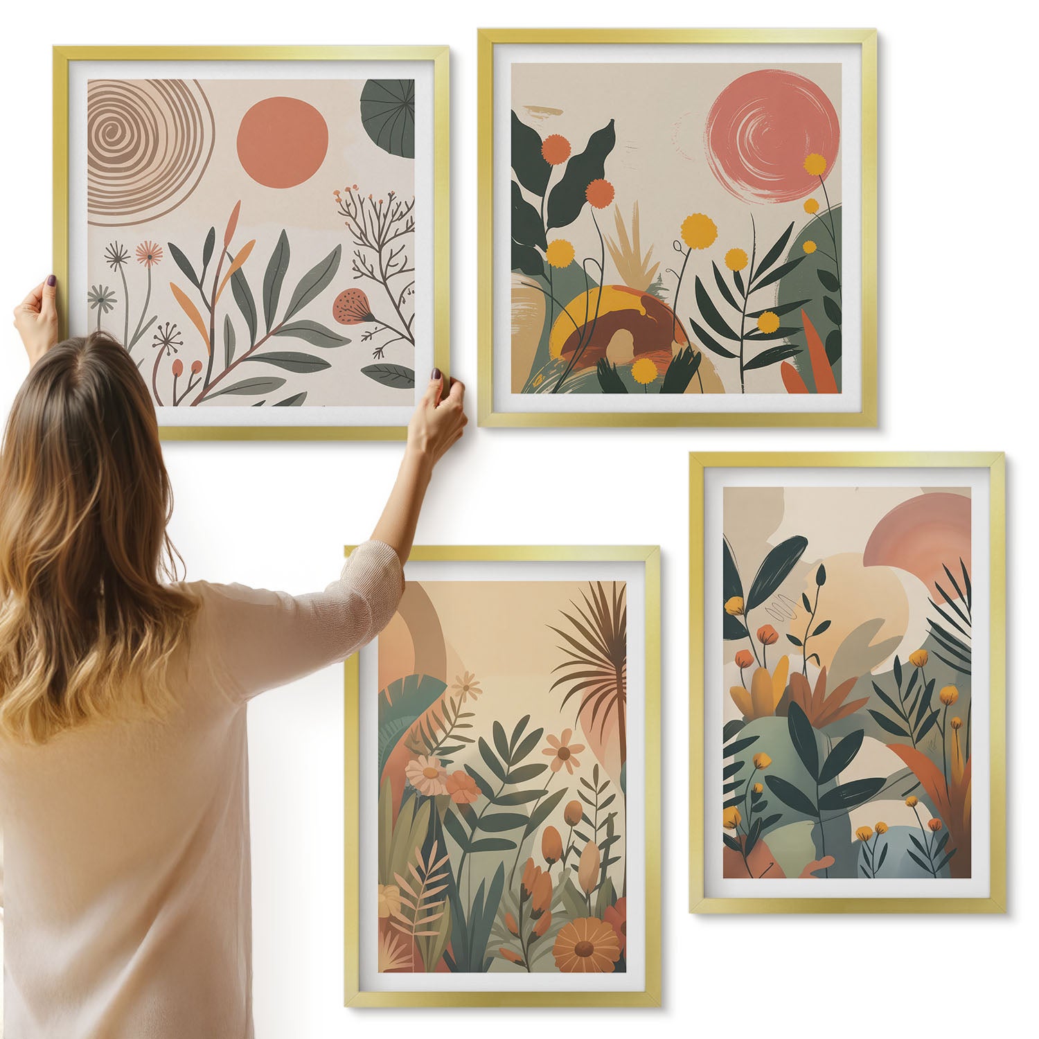 Galeria ścienna 4-częściowy komplet obrazów w złotych ramach - Roślinne motywy w stonowanych kolorach z okręgami - ArtPrintCave