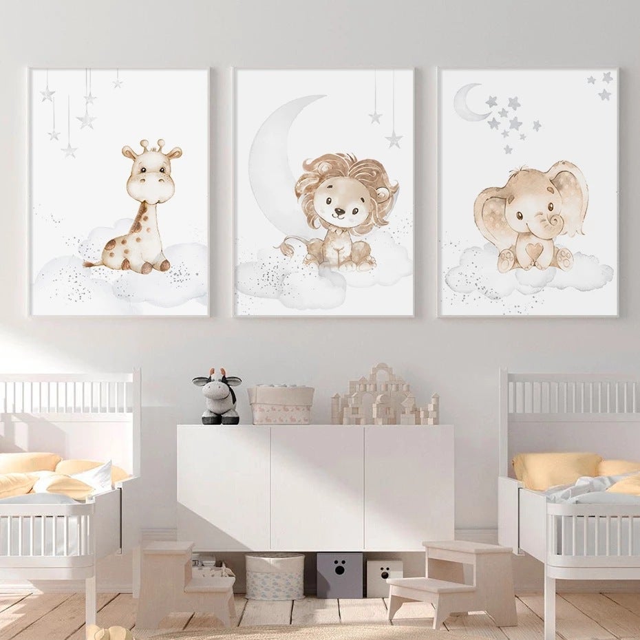 Zestaw 3 (20 × 30 cm) wydruków bez ram, obrazy na płótnie z motywem kreskówkowych zwierząt do salonu/sypialni dziecięcej, sztuka ścienna HD, dekoracyj