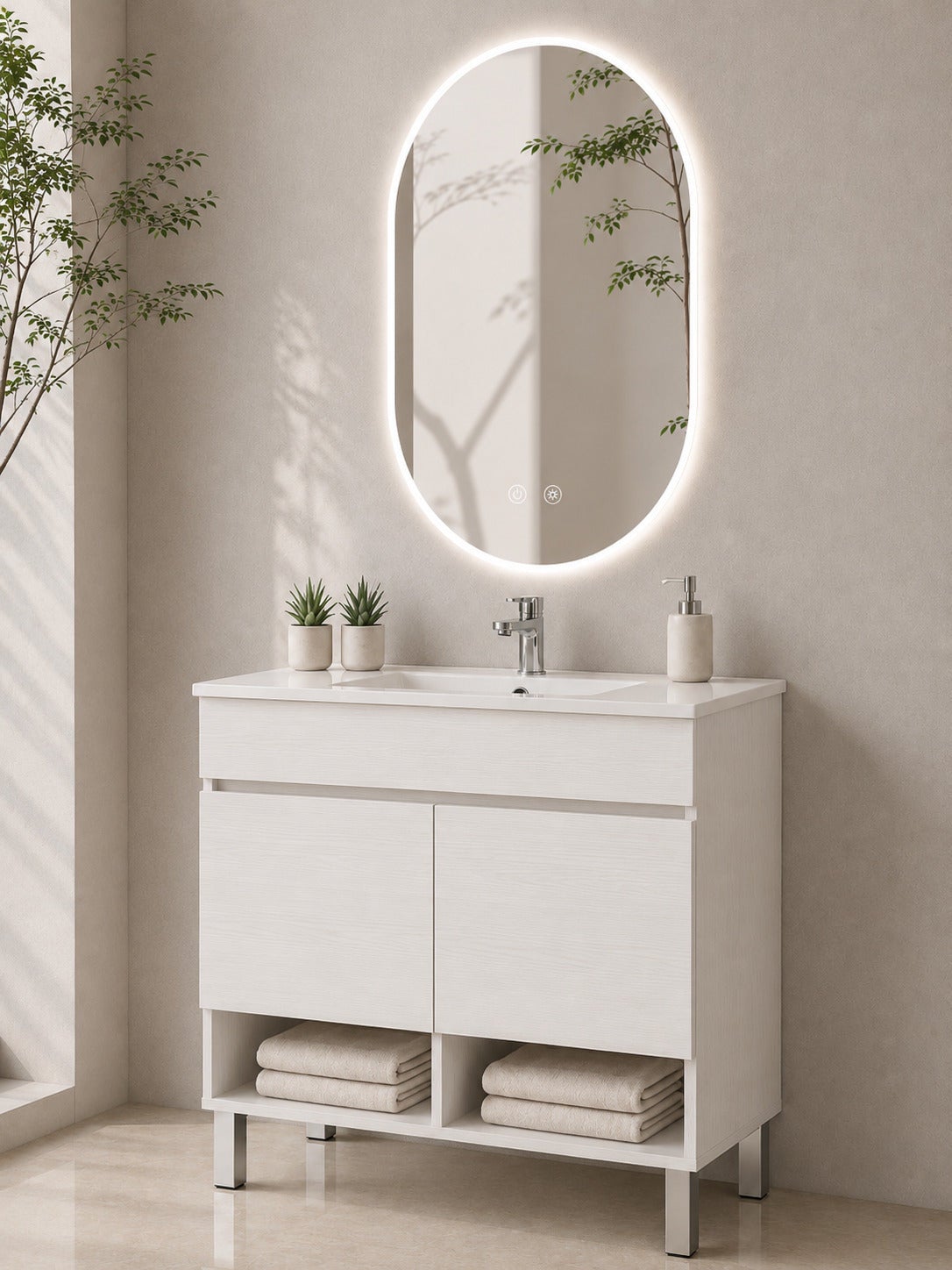 Szafka łazienkowa na nóżkach z umywalką ORIGENBATH NEBARI na nóżkach z drzwiami 70x40 cm biały nordycki