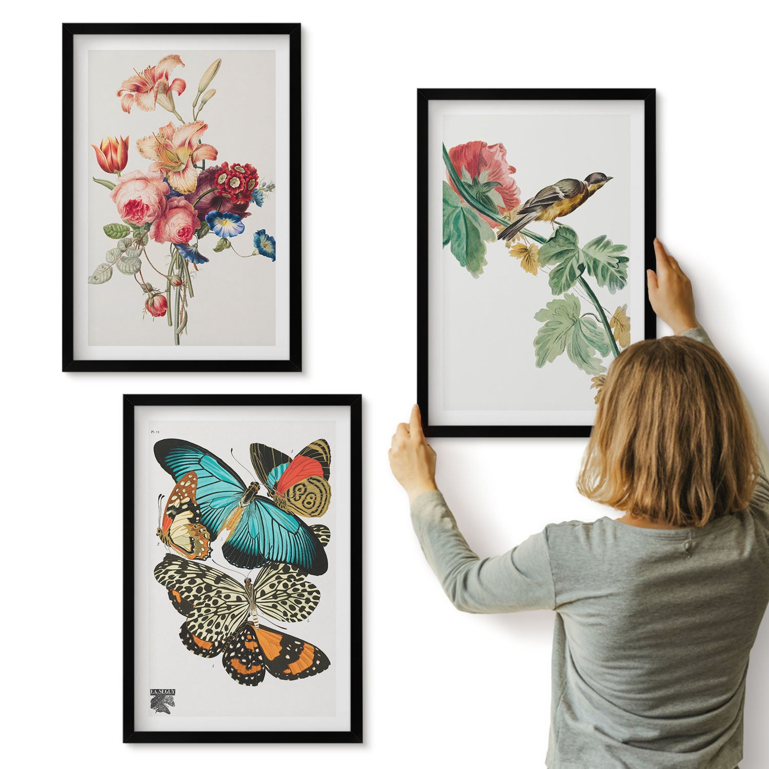 Galeria ścienna 3-częściowy komplet obrazów w czarnych ramach - Kwiaty motyle i ptak w pastelowych odcieniach - ArtPrintCave