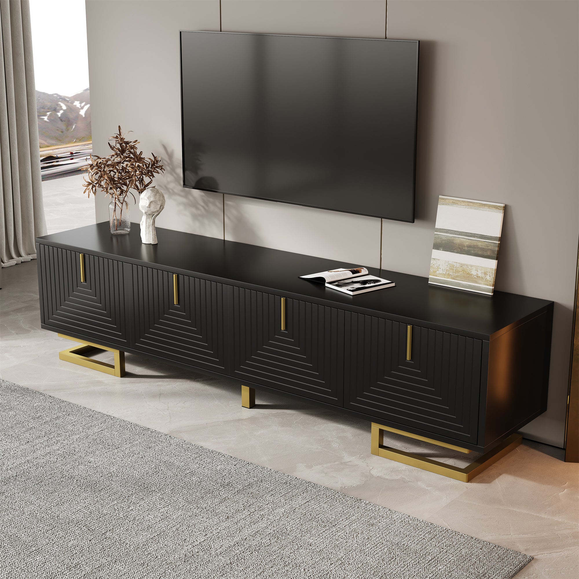 Szafka RTV z 4 drzwiami - 160 x 38 x 44,5 cm - Złote uchwyty i nóżki - Płyta wiórowa - Czarna