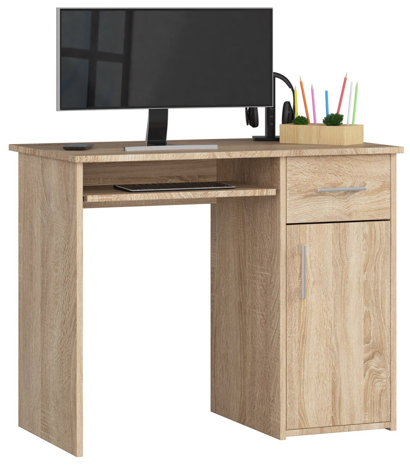 Biurko AKORD PIN Dąb Sonoma 90 cm biurko komputerowe 1 drzwi 1 szuflada kolor Dąb Sonoma mat 3 półki 90x50x74 cm