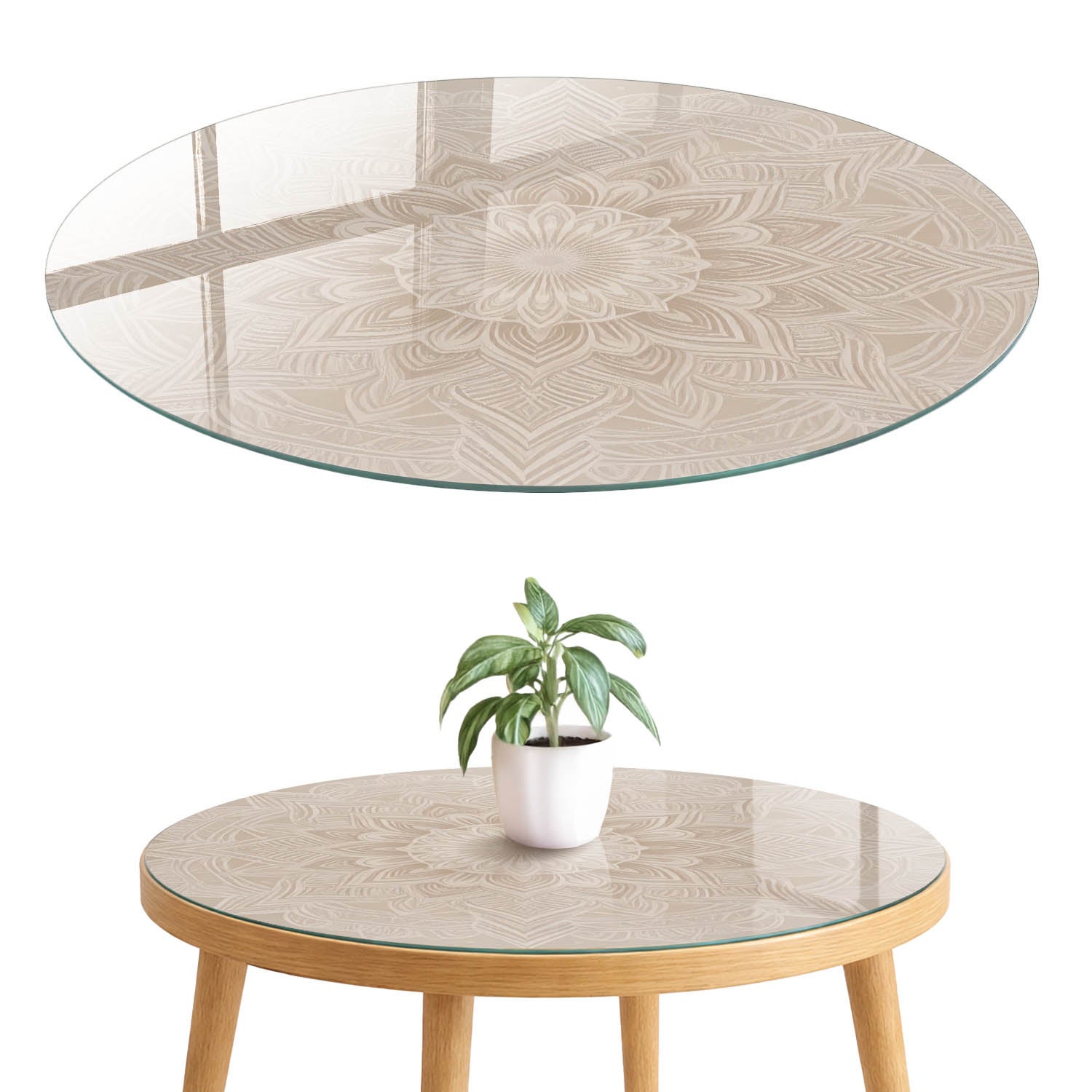 Szklany blat hartowany z wzorem 4 mm - elegancka dekoracja i maskowanie blatu fi70 cm Mandala wzór