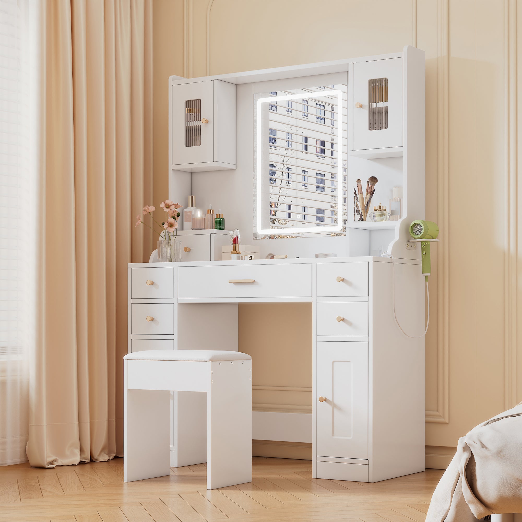 Duża toaletka z regulowanym oświetleniem LED i gniazdkami elektrycznymi,toaletka z lustrem,6 szufladami i 4 drzwiami do sypialni,biała,105×152×40cm