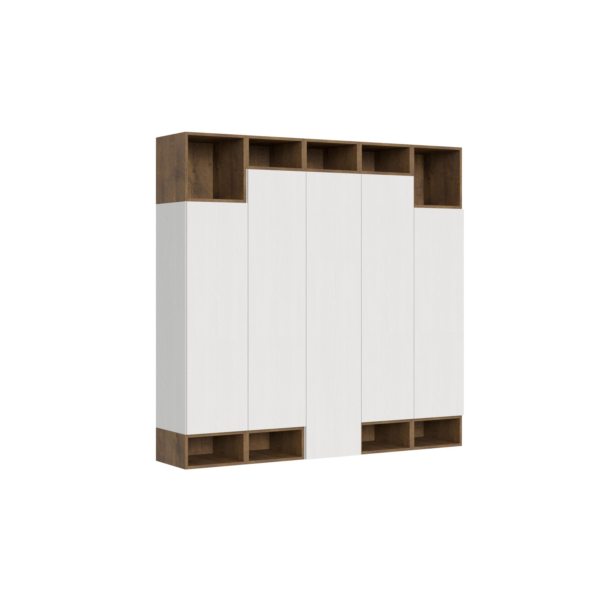 Mueble de pared vertical moderno Isoka A35, 200 mm de ancho x 194 mm de alto x 39,5 mm de profundidad, color blanco y nogal, mueble de entrada.