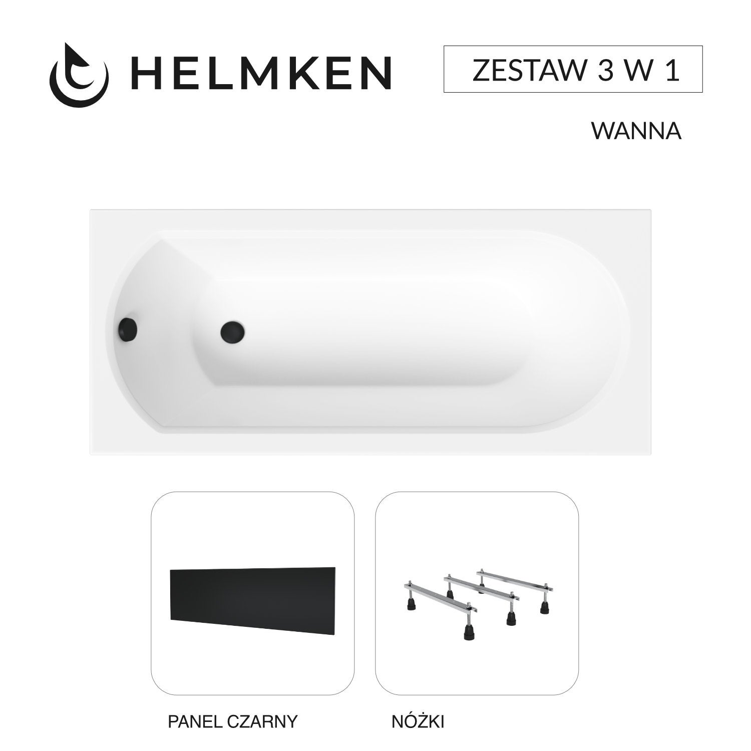Wanna akrylowa Helmken Tressa 170 х 75 + Panel czarny + Nóżki / 23097003