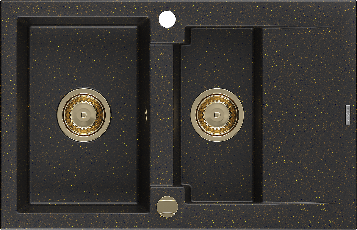 Mexen Gaspar zlewozmywak granitowy 1,5-komorowy z ociekaczem 737 x 475 mm, czarny/złoty metalik, syfon złoty - 6507731505-75-G