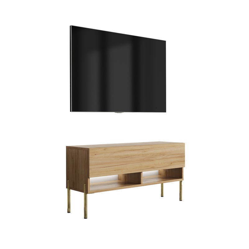 Szafka pod telewizor 100 cm Dąb Craft, nóżki proste złote, LED biały, 100 × 32 × 52 cm