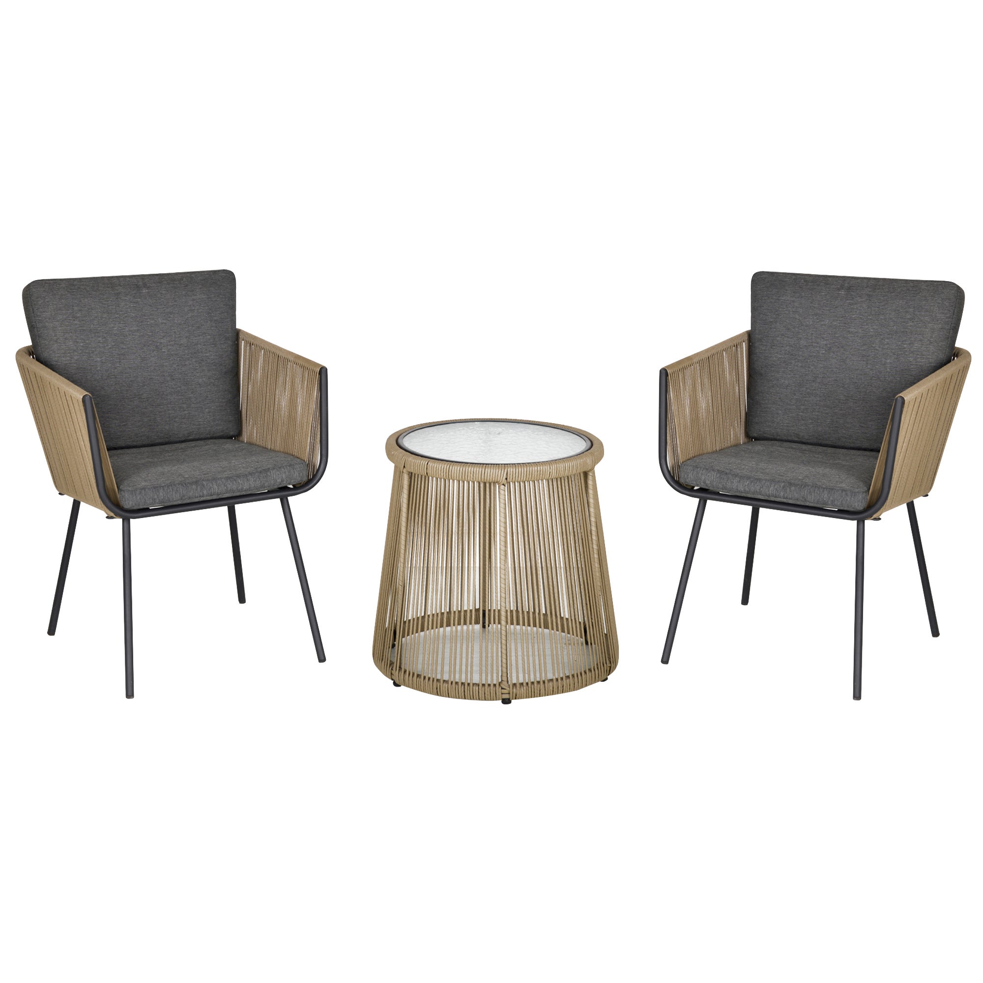 Zestaw 2 zewnętrzny fotele z stolik kawowy w rattan PE, boho styl, khaki szary