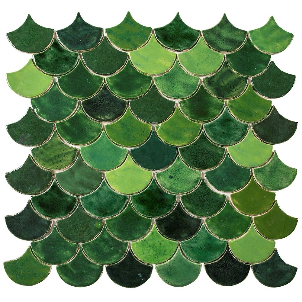 Płytki w kształcie rybiej łuski w kolorze verdi i ciemnozielonym – "Forest Glade" – 0,3 m²/opak., 49 płytek 10,2×9 cm – łazienka, kuchnia, s