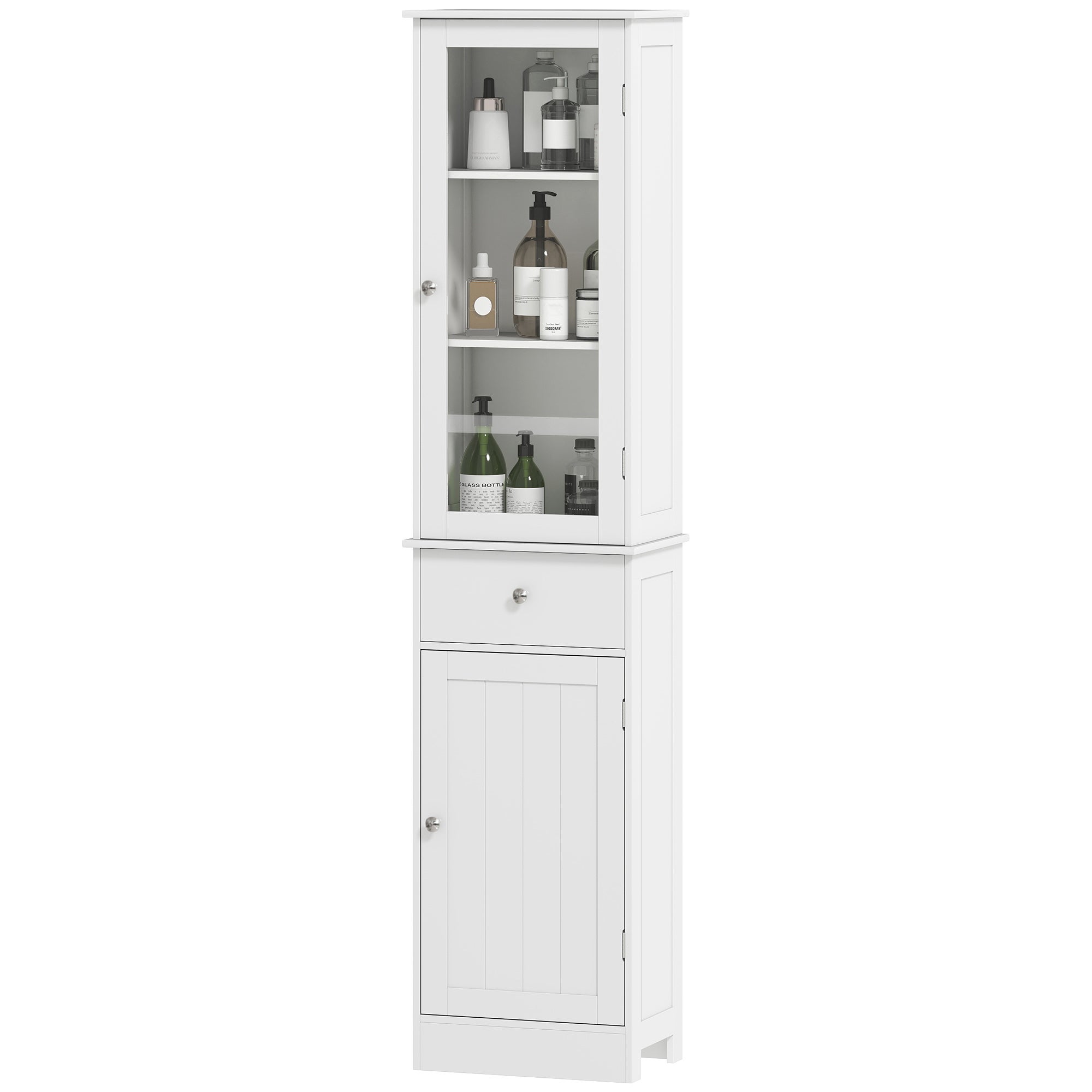 Kolumna łazienkowa oszczędzająca miejsce z szafką, szufladą i półkami z płyty MDF, 40 x 27 x 171,5 cm, kolor biały