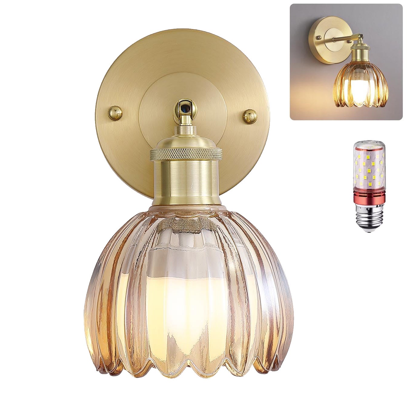 Kinkiet z żarówką, lampka nocna w stylu vintage, kinkiet do lustra łazienkowego, kinkiet kwiatowy z szklanym kloszem