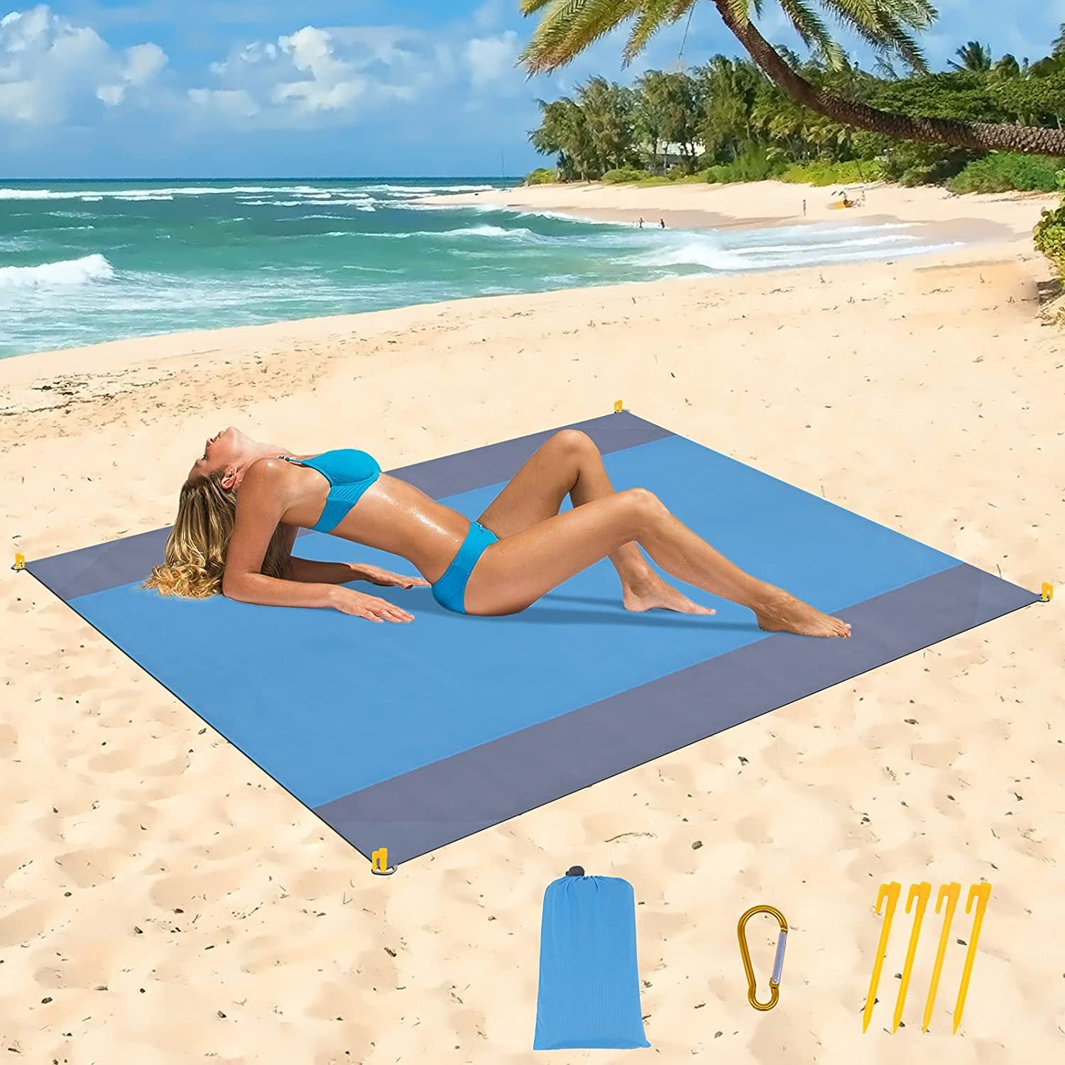 Wodoodporny i odporny na piasek koc plażowy 210 x 200 cm (niebieski) Mata mocująca z 4 rogami Mata plażowa na wyjazdy na plażę, kemping