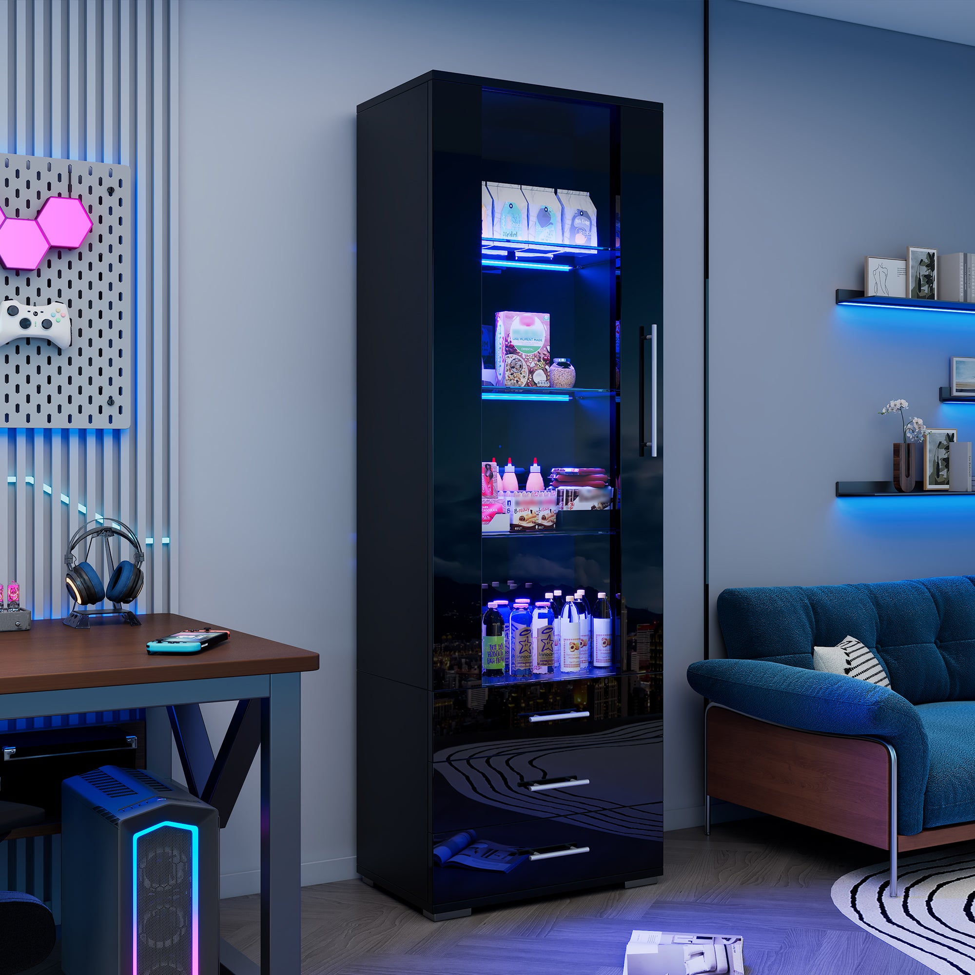 Witryna błyszcząca 60x35x180cm - z oświetleniem LED - 3 szuflady i półki - 1 drzwi akrylowe - MDF - czarna