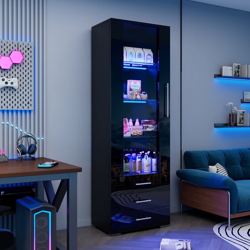Witryna błyszcząca 60x35x180cm - z oświetleniem LED - 3 szuflady i półki - 1 drzwi akrylowe - MDF - czarna