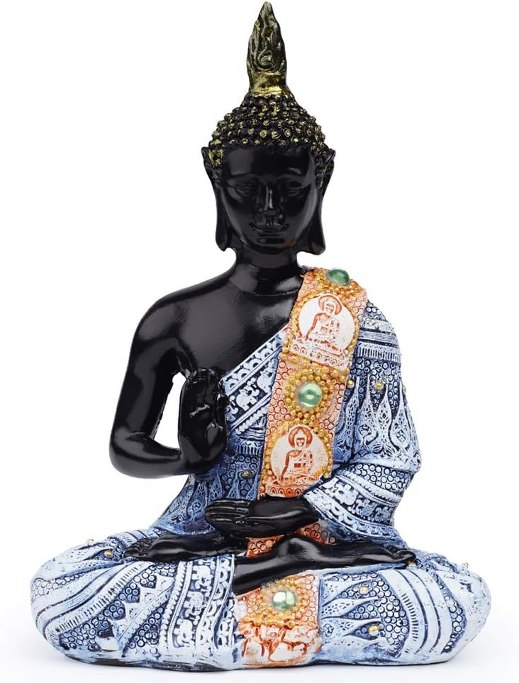 Czarno-niebieska żywiczna figurka Buddy, spokojna i harmonijna dekoracja domu, symbol zen, idealna do salonów i stref relaksu