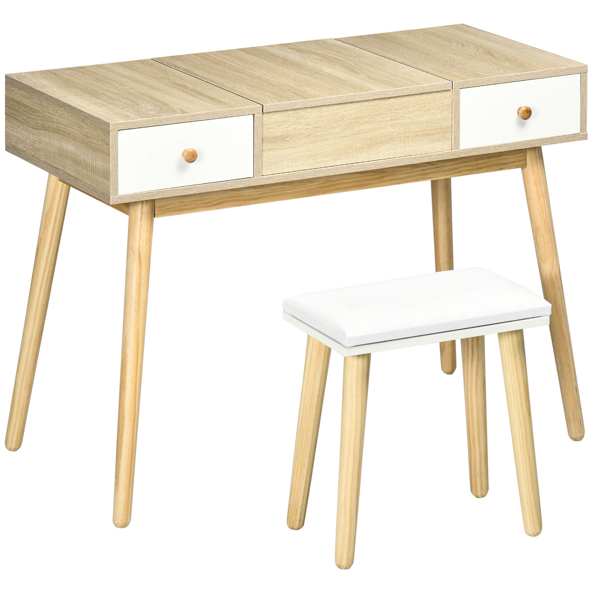 Toaletka ze składanym lustrem, taboret tapicerowany, 100 x 45 x 118 cm, kolor naturalny