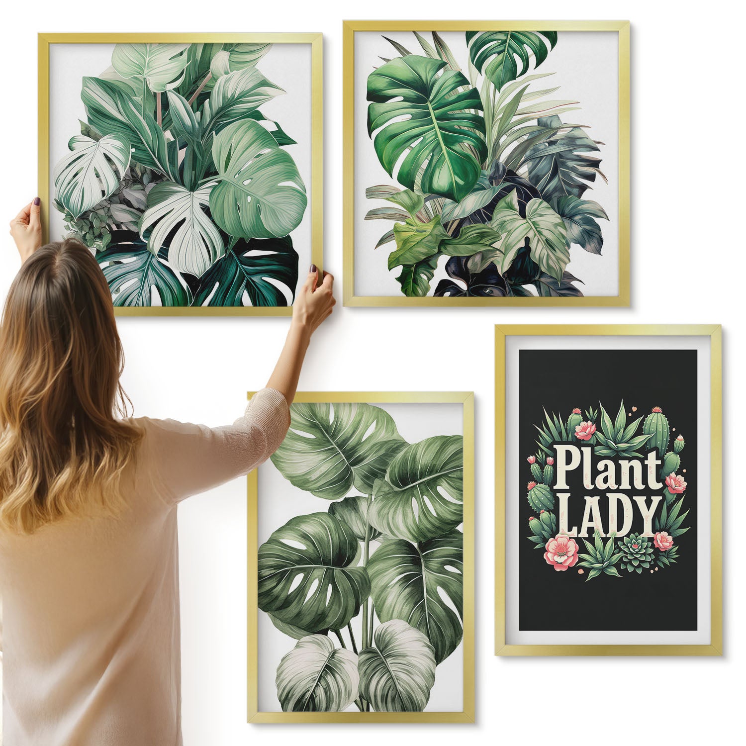 Galeria ścienna 4-częściowy komplet obrazów w złotych ramach - Rośliny tropikalne z napisem Plant Lady w zieleni - ArtPrintCave