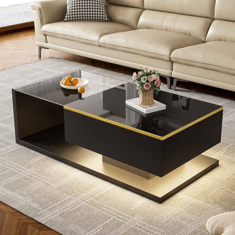 100 cm lakierowany stolik kawowy, szklany blat z efektem LED, miejsce do przechowywania i nowoczesny design