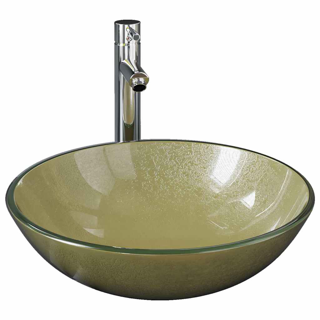 Umywalka Nablatowa ze Szkła Hartowanego Okrągła Złoto-Srebrna 42 cm
