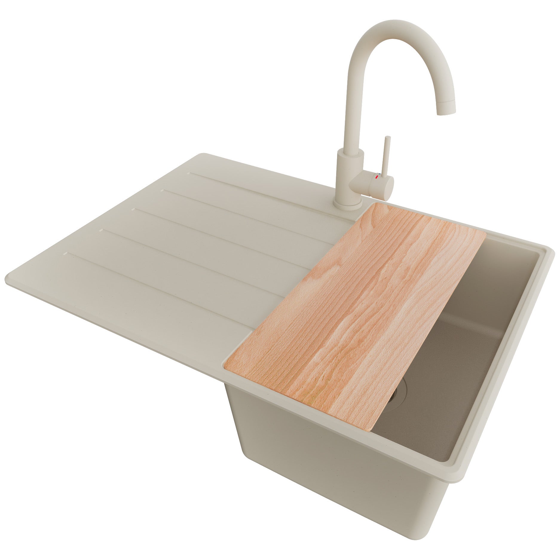 Zlewozmywak Granitowy Beżowy 70x50cm, Zlew Kuchenny 1 Komorowy + Bateria 32x20cm + Syfon + Deska, Nablatowy do szafki od 40cm - Kopenhaga PRIMAGRAN