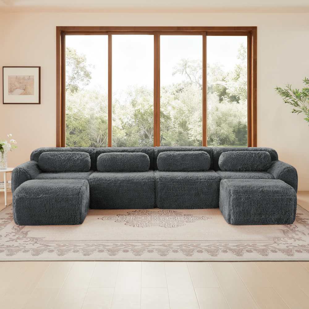 Ultrawygodna modułowa sofa w kształcie litery U z aksamitną tkaniną, pianką o wysokiej sprężystości i poduszkami w zestawie do salonu