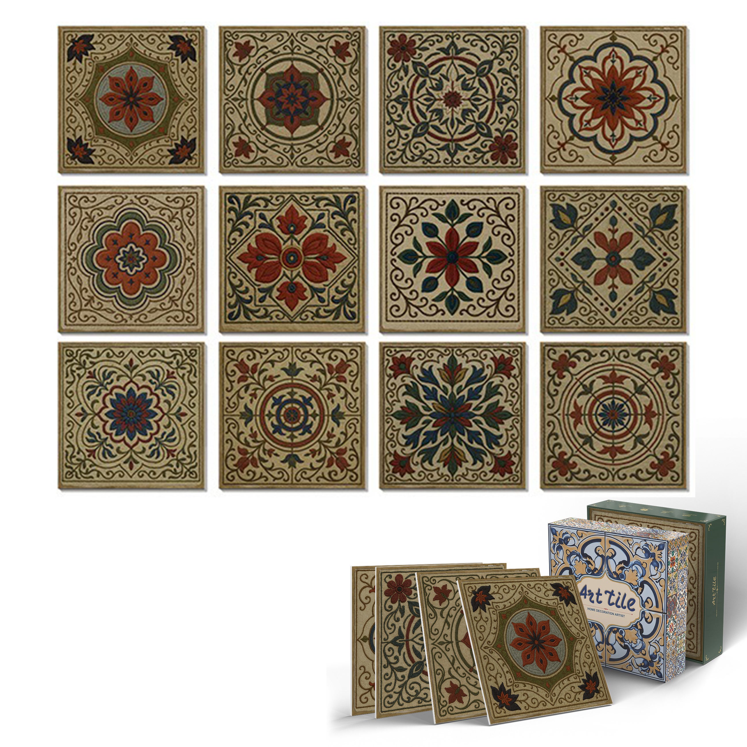 12 sztuk naklejek na płytki ścienne 15×15 cm – Styl retro Morza Śródziemnego i barokowy, wodoodporne naklejki z słońcem i księżycem(D)