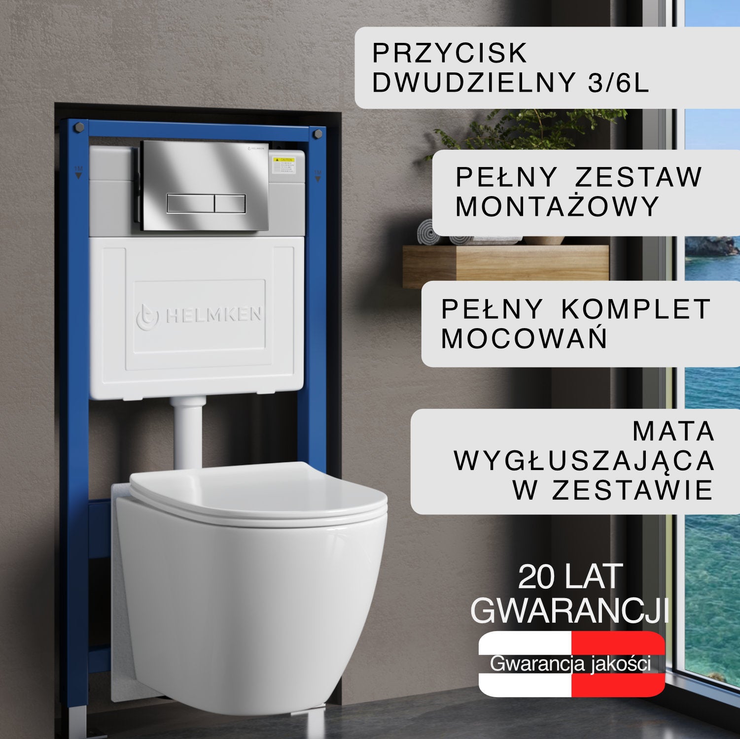 Stelaż podtynkowy WC Helmken 35490101 Zestaw 5w1: Przycisk Chrom (HD), Miska bezkołnierzowa Rimless, Deska wolnoopadająca, Mata