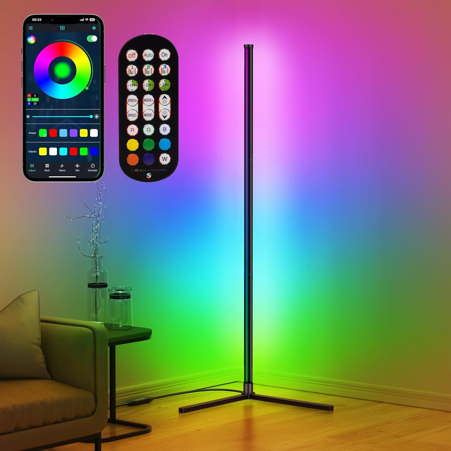 Lampa stojąca LED do salonu, z aplikacją i pilotem, synchronizacja muzyki, do sypialni i pokoju zabaw