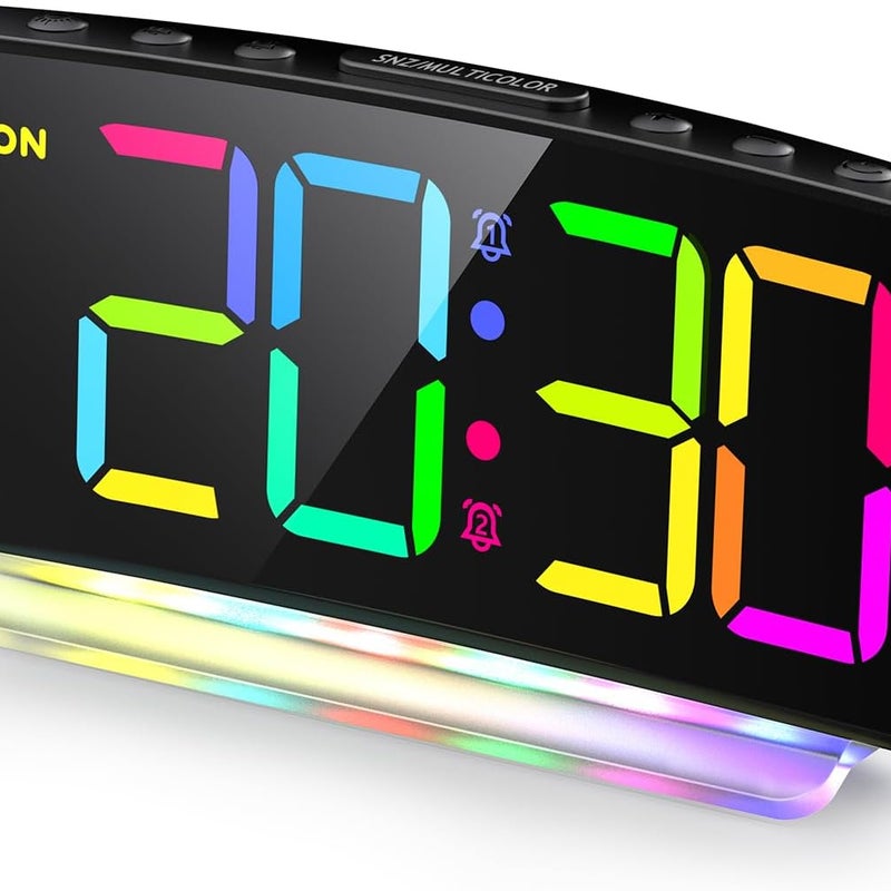 Zakrzywiony cyfrowy budzik LED ze światłem RGB, podwójny alarm, 12/24H, regulowana jasność (adapter w zestawie)