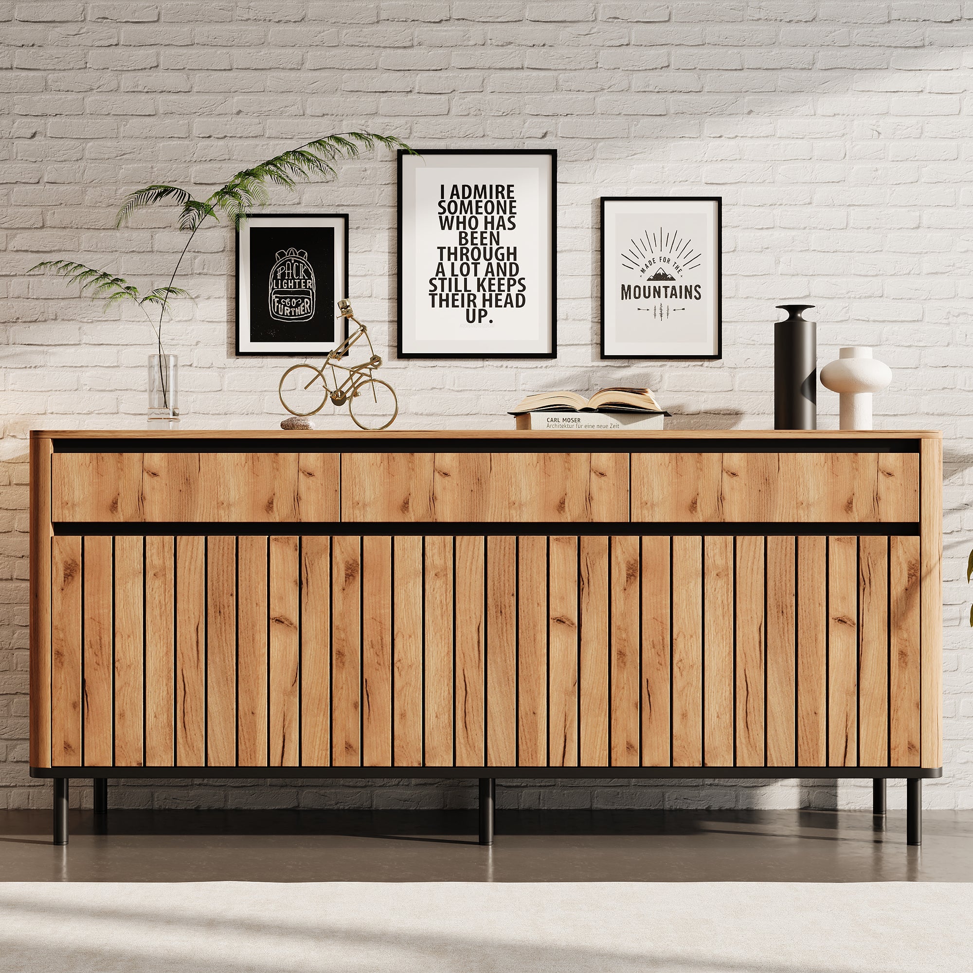 Komoda 3-drzwiowa z 3 szufladami i 8 przegródkami - MDF i metal - 160 × 40 × 73 cm - Drewno naturalne