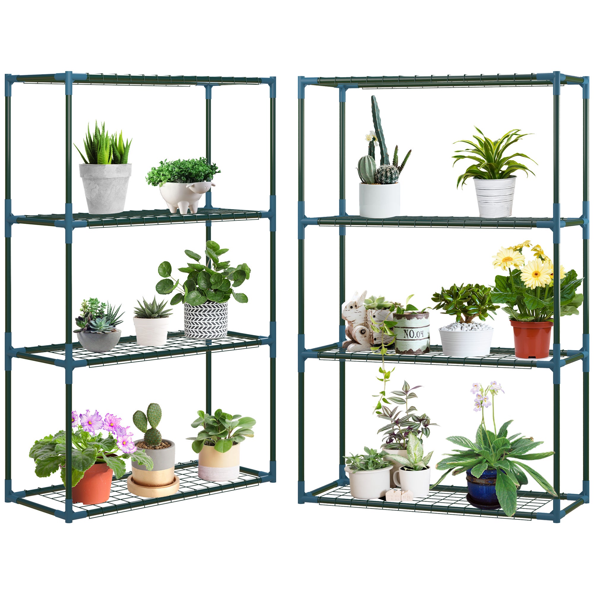 Półka na rośliny, zestaw 2 elementów, każda z 4 warstwami półek, można używać w komplecie lub osobno, stal, kolor zielony, 70 x 27 x 110 cm