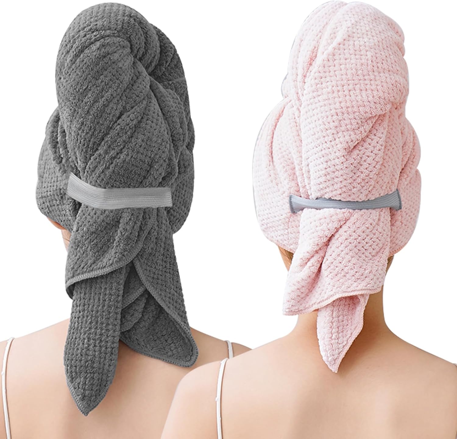 Zestaw 2 dużych ręczników z mikrofibry do długich włosów - 100 x 60 cm - Wysokiej jakości turban z gumką - Szybkoschnący - Superchłonny - Wzór waflowy