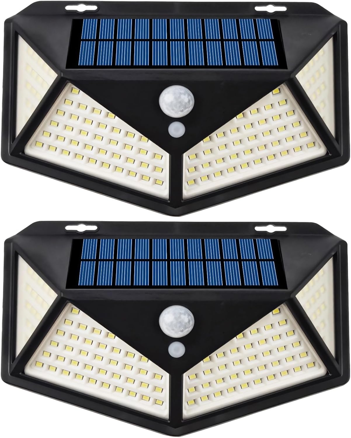 100 diod LED do oświetlenia zewnętrznego z czujnikiem ruchu (opakowanie 2 szt.) – zasilane energią słoneczną, w czarnej obudowie ABS, łatwe w montaż
