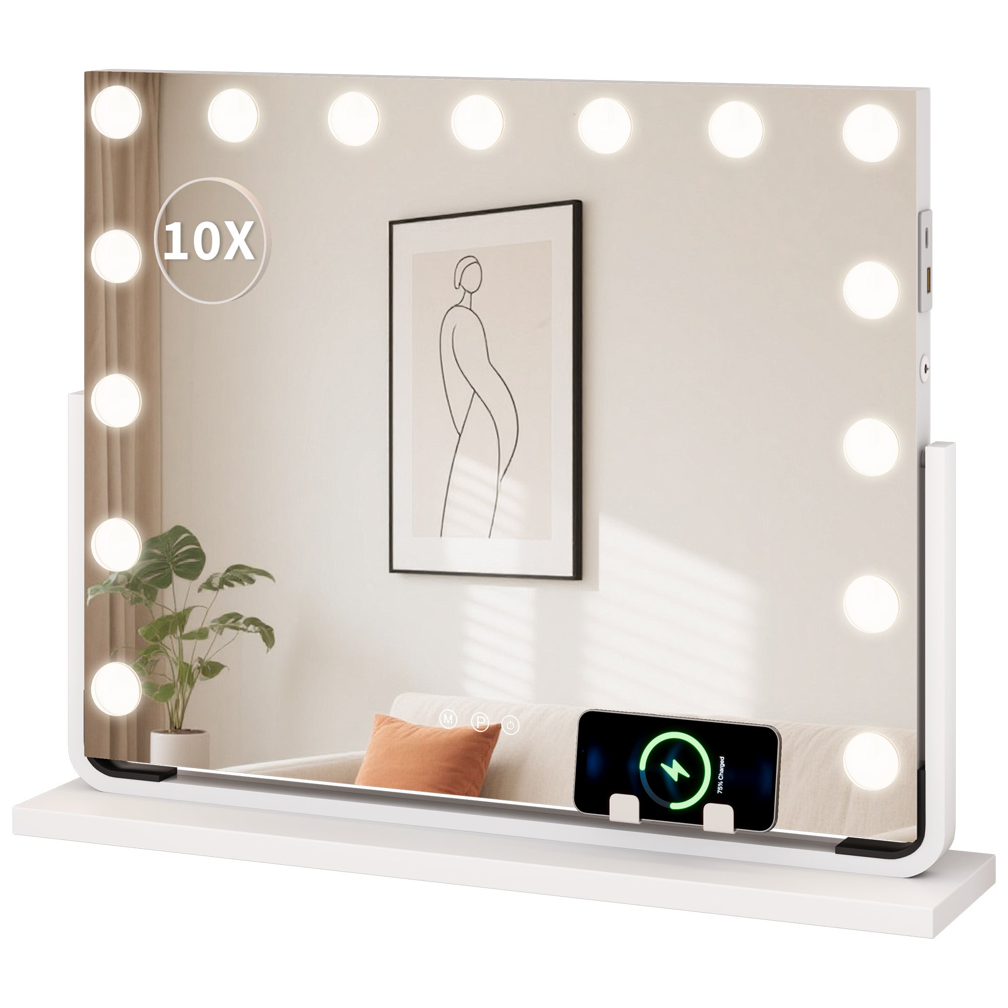 Lustro hollywoodzkie YITAHOME 15 LED, USB-C, 3 kolory, regulacja jasności, lupa 10x, uchwyt na telefon, 58x46 cm, białe