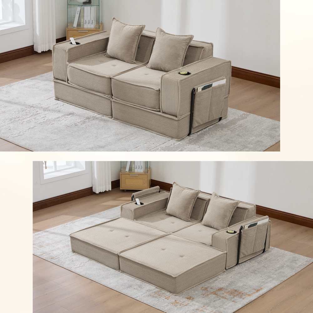 Nowoczesna sofa dwuosobowa z funkcją spania dla 2 osób, wygodne poduszki, ozdobny puf z bocznym schowkiem i uchwytami na kubki