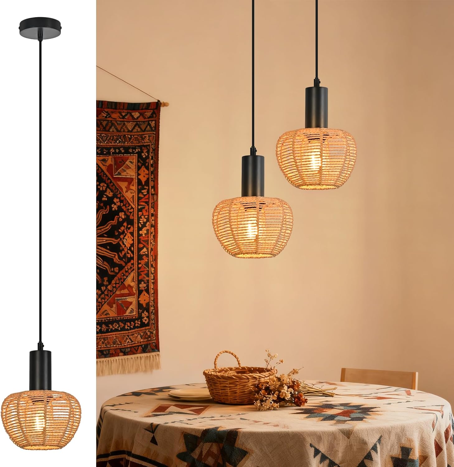 Lampa wisząca Nettlife Boho Rattan 1-światłowa – pleciona w stylu vintage, lina konopna E27 do jadalni (bez żarówki)
