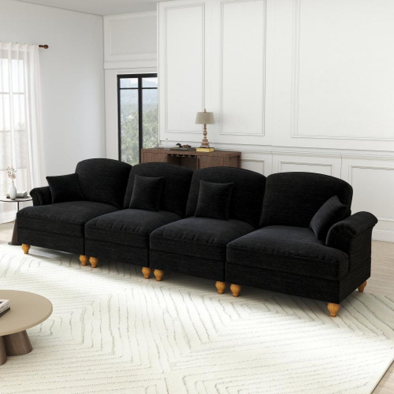 Elegancka, 4-osobowa sofa w stylu średniowieczno-nowoczesnym, z rozszerzanymi podłokietnikami, zdejmowanym błotnikiem