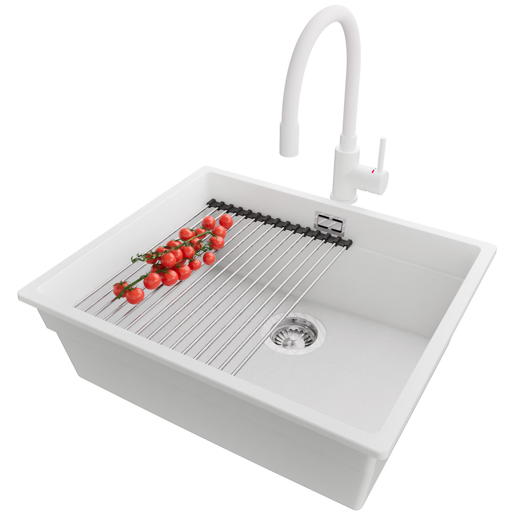 Zlewozmywak podblatowy Biały 56x47cm, Zlew Kuchenny 1 Komorowy + Bateria 38x14cm + Syfon + Zwijany ociekacz, do szafki od 60cm - Praga PRIMAGRAN