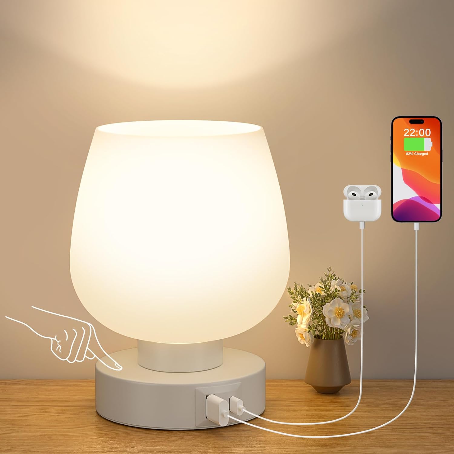 3-drożna lampka nocna z funkcją dotykową, mała lampka stołowa z kablem i portami ładowania USB-A+C, regulacja jasności do sypialni, salonu i pokoju dz