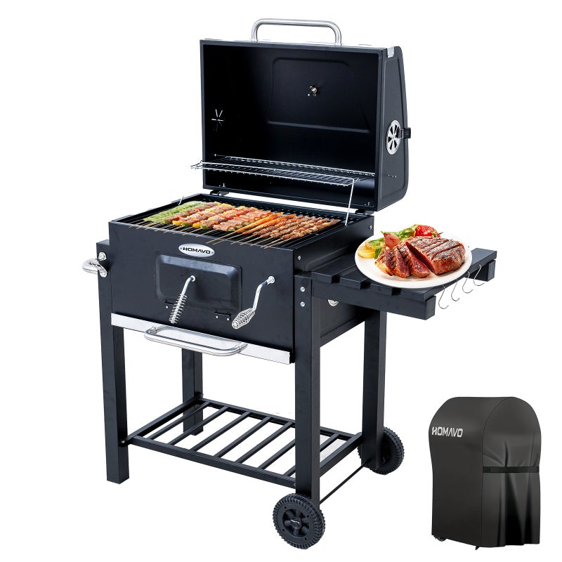 Grill Węglowy, Barbecue z Pokrywą, Powierzchnia Grilla: 56 × 42,5 cm, Regulowana Wysokość Paleniska, Składany Stolik Boczny HOMAVO