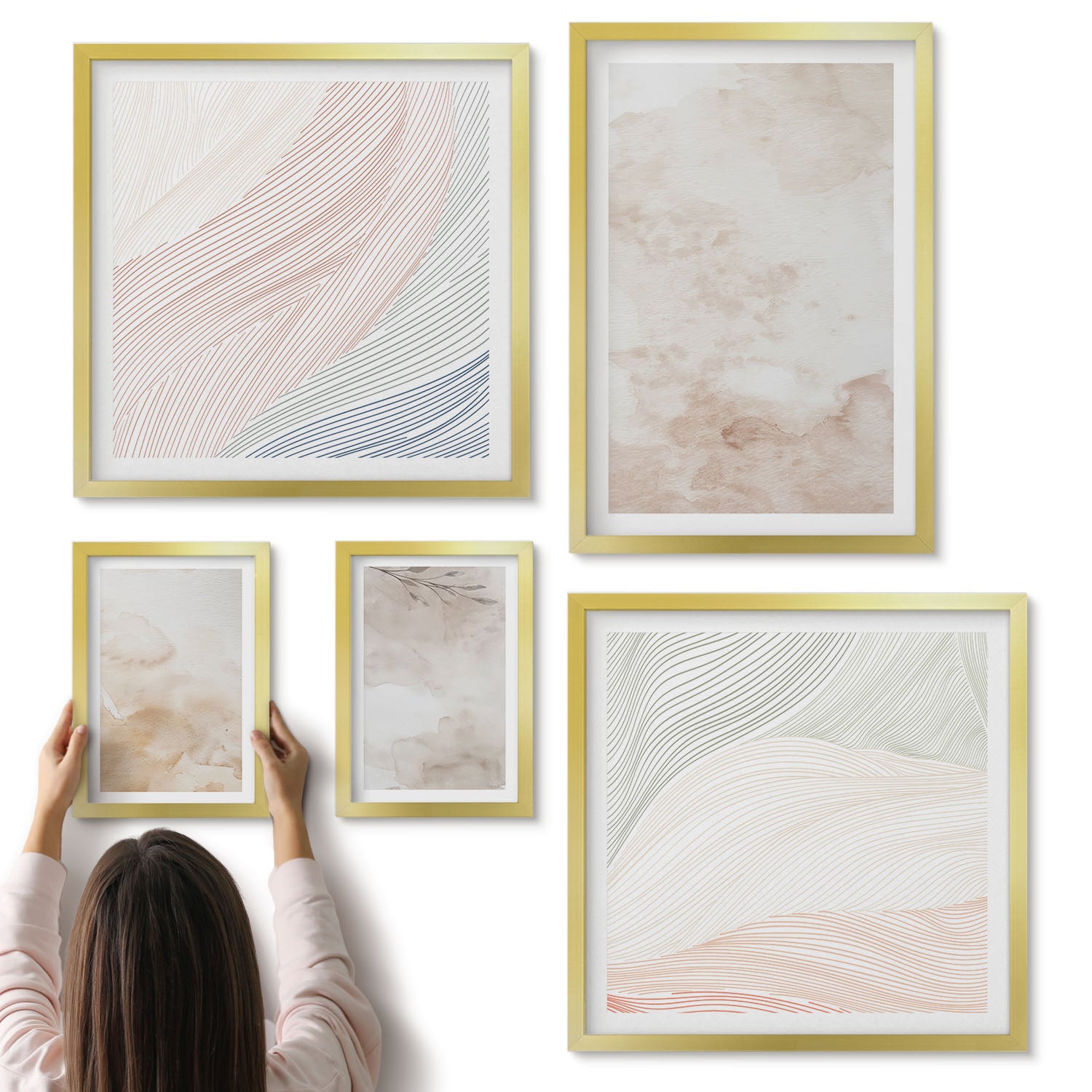 Galeria ścienna 5-częściowy komplet obrazów w złotych ramach - Akwarelowe plamy i liście w pastelowych barwach - ArtPrintCave