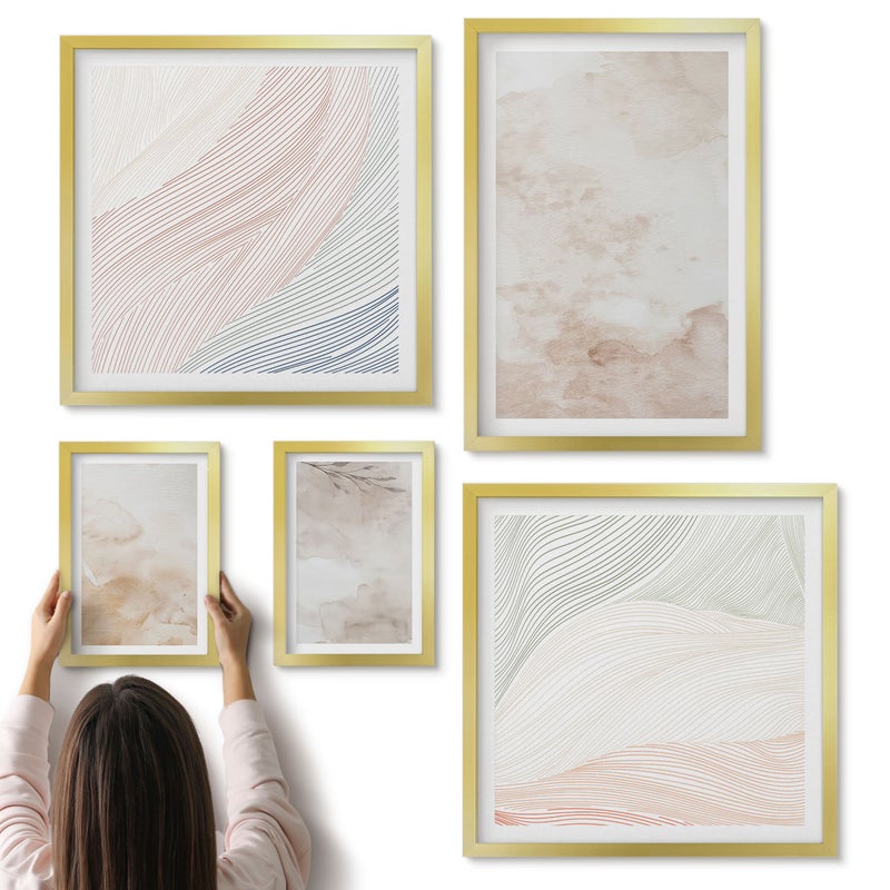 Galeria ścienna 5-częściowy komplet obrazów w złotych ramach - Akwarelowe plamy i liście w pastelowych barwach - ArtPrintCave